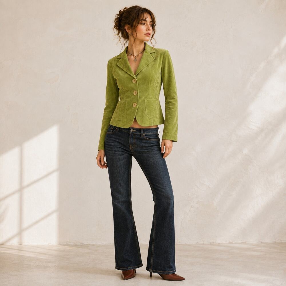 Bandolera Suede Jacket Womens 10 Green Fitted Blazer Button Front Y2K Boho